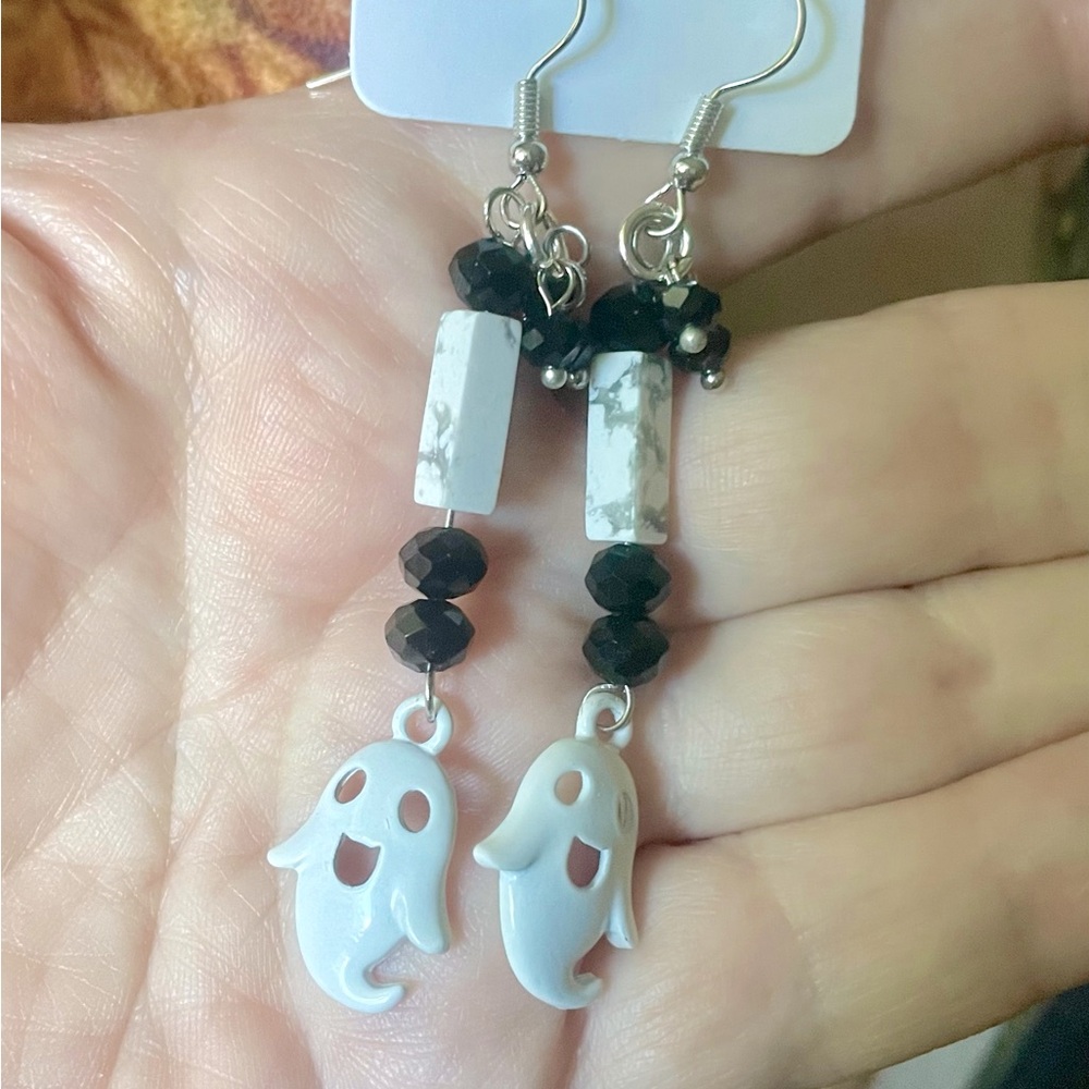 2 for $10. Ghost Charm Earrings with Black and White Beads
